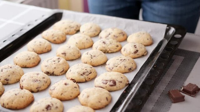 homemade soft chocolate chip cookies on a baking sheet