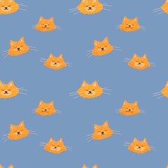 Seamless pattern with cute faces of red cats, red kittens, cute animals in cartoon style. Children's illustration for clothes, fabrics, postcards, packaging.