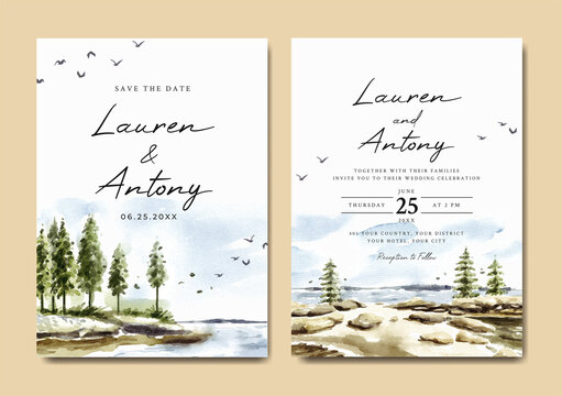 Watercolor wedding invitation with pine trees in lake