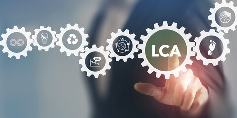 LCA, Life cycle assessment concept. Methodology for assessing environmental impacts associated on value chain product. Carbon footprint evaluation. ISO LCA standard aims to limit climate change.