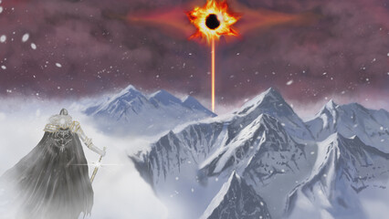 Winter fantasy landscape with knight stands look at eclipse with his magic sword on his hand, against the background of snow mountain and blizzard, digital art style, fine art illustration painting. - obrazy, fototapety, plakaty