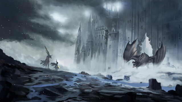 Knight and wizard stand confront dragon prepares to fight. Dragon tale of myth and legend. Black dragon standing front the destroy castle background. Digital art style, fine art illustration painting