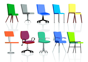 Set of furniture, chairs of different colors 

and shapes. Comfortable empty chairs 

collection for interior equipment. office 

chair furniture.
