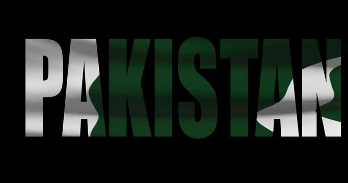 Pakistan country name on transparent background. Word animation with waving national flag