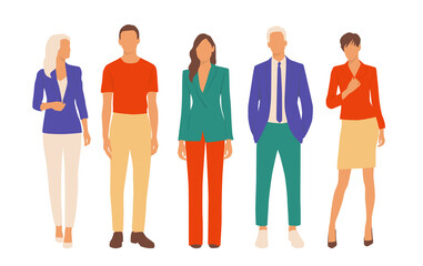  Set of young men and women, different colors, cartoon character, group of silhouettes of standing business people, students, the design concept of flat icon, isolated on white background
