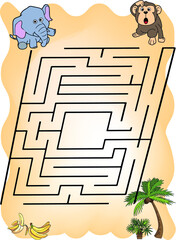 savannah world, children's board game monkey and elephant go through the maze on the sand to the banana and palm tree574