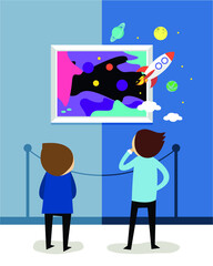 Two people look at a painting in an exhibition