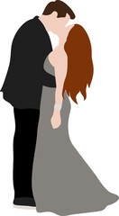 A guy in a black suit hugs and kisses a girl in a gray long dress