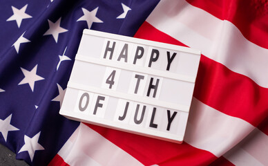 Fototapeta na wymiar Text Happy 4th of July and Flag of United States of America for the freedom holidays