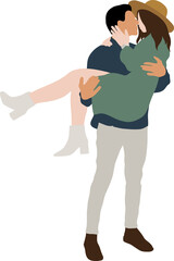 A man holds his beloved girl in a dress and hat in his arms