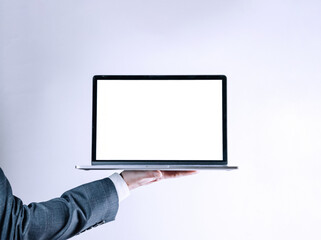 Laptop mockup computer screen. Businessman holding notebook. Empty blank mockup computer screen on white background. Monitor template for mock up.