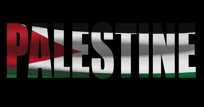 Palestine country name on transparent background. Word animation with waving national flag