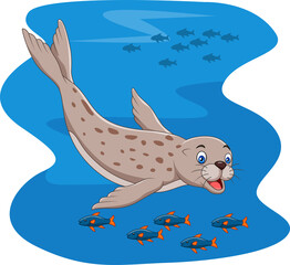 Cartoon seal swimming with fish