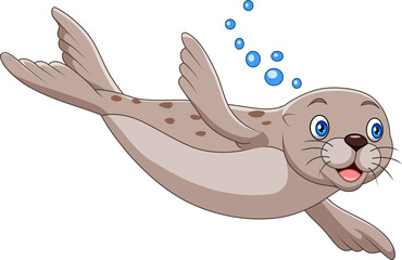 Cartoon seal swimming on white background