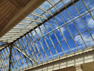 Skylight or glass sunroof ceiling of a building. Window in commercial office or industrial...