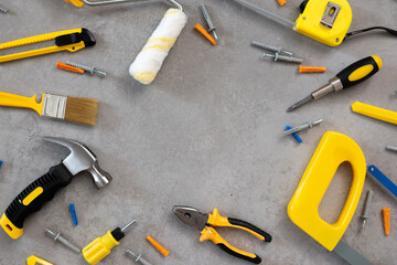 Tools for repair saw nippers hammer . top view flat lay. Father's Day concept