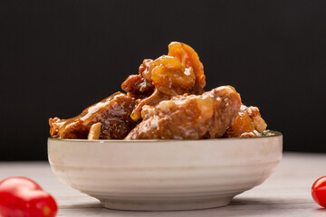 Cooked beef macro closeup, braised beef
