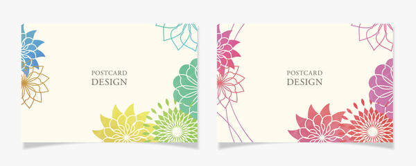 Fototapeta na wymiar 曲線で描いた花柄風のポストカードデザインI1【水彩塗／多色と赤紫系】