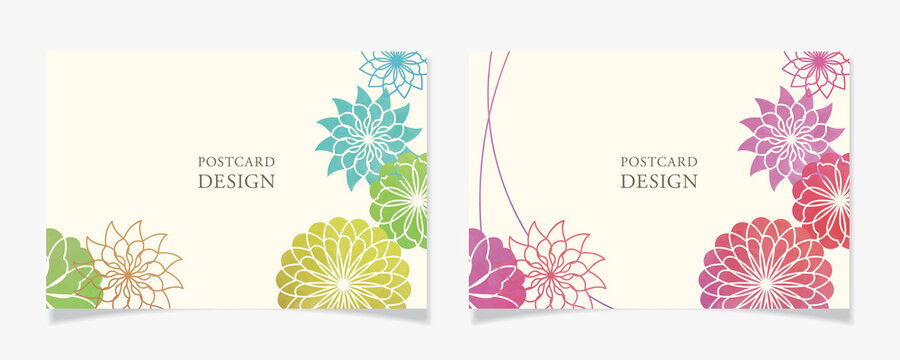 曲線で描いた花柄風のポストカードデザインG1【水彩塗／多色と赤紫系】