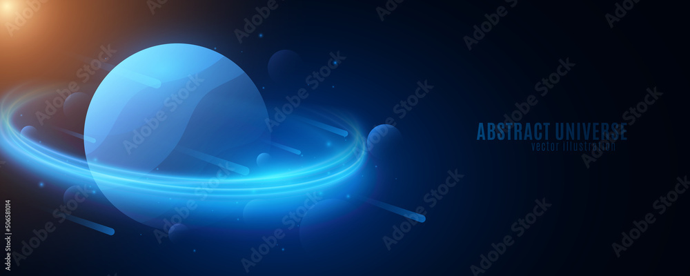 Poster futuristic deep space background. falling meteorite. abstract planet saturn with with sun glow. mode
