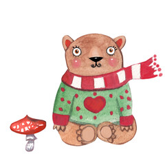 Cute watercolor childish bear in sweater illustration with a heart illustration and mushroom. Scarf, dots, green and red color. Ideal for baby, kids products and design elements isolated
