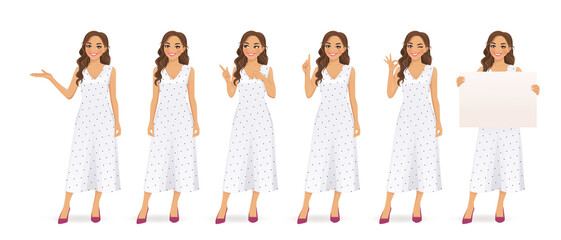 Beautiful young woman with curly hairstyle character in white dress set. Pointing, showing ok sign, standing, holding empty blank board isolated vector illustration - obrazy, fototapety, plakaty