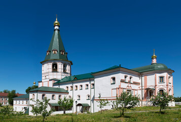 Fototapeta na wymiar View of house church, rectory corpus and bell tower of Valday Iversky orthodox monastery. Novgorod region, Russia