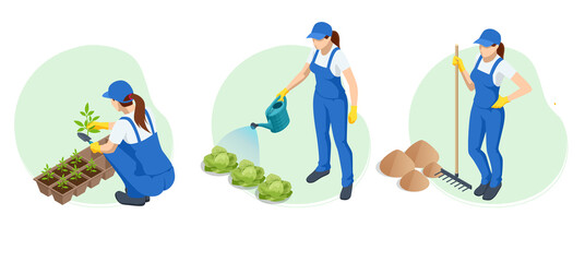 Isometric gardeners, farmers and workers caring for the garden, growing agricultural products.