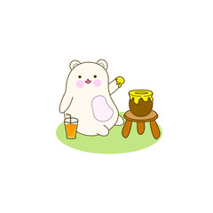 White bear eating honey, minimalist background.