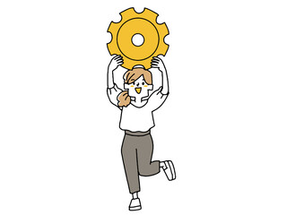 大きなギアを持っている女性　メンテナンスや設定のアピール　　コミカルな手書きの人物0524