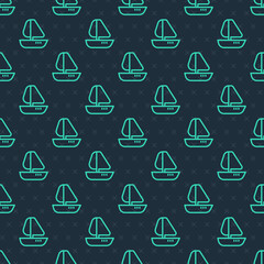 Green line Yacht sailboat or sailing ship icon isolated seamless pattern on blue background. Sail boat marine cruise travel. Vector