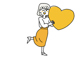 大きなハートを持っている女性　SNSでいいねをする人　コミカルな手書きの人物　