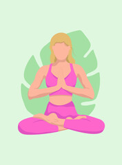 Obraz na płótnie Canvas Woman sitting in yoga lotus pose. Concept of meditation and the health benefits for the body. Vector illustration in faceless flat cartoon style