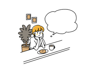 家やオフィスで考え事をしている女性　思考の吹き出しと人物　　