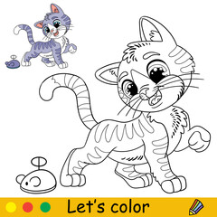 Cartoon cat with a toy mouse coloring book page vector