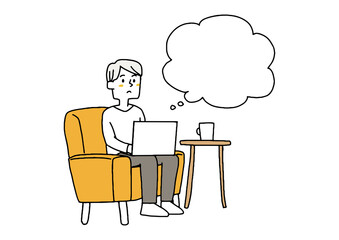 家やオフィスで考え事をしている男性　思考の吹き出しと人物