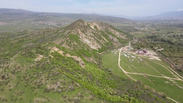 Aerial Spring view of Kozhuh Mountain and Petrich valley, Bulgaria