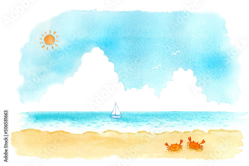 絵本風のかわいい夏の海の水彩イラスト Summer Wall Mural Summ Miko