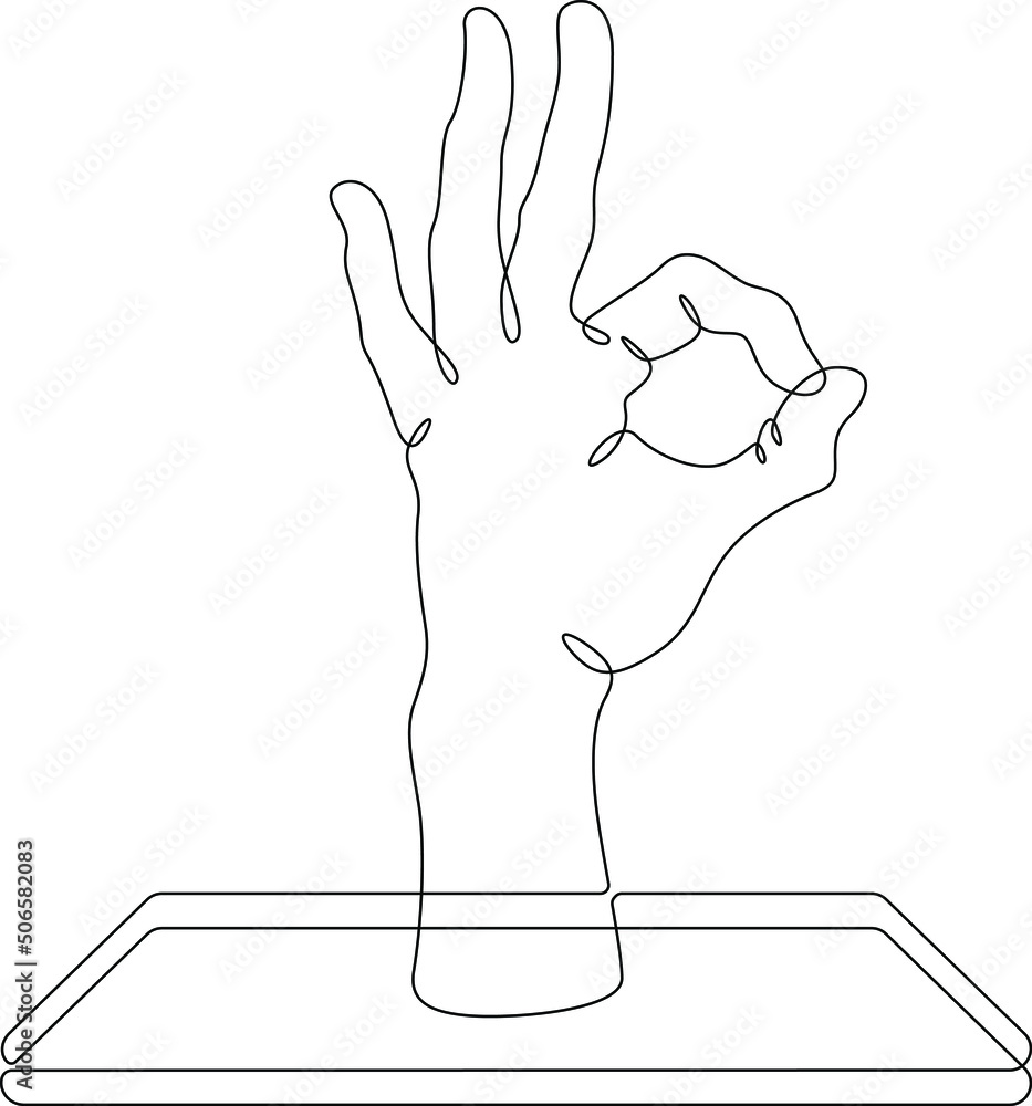 Poster gesture all good ok.one continuous line.the hand touches the smartphone screen. using the device man