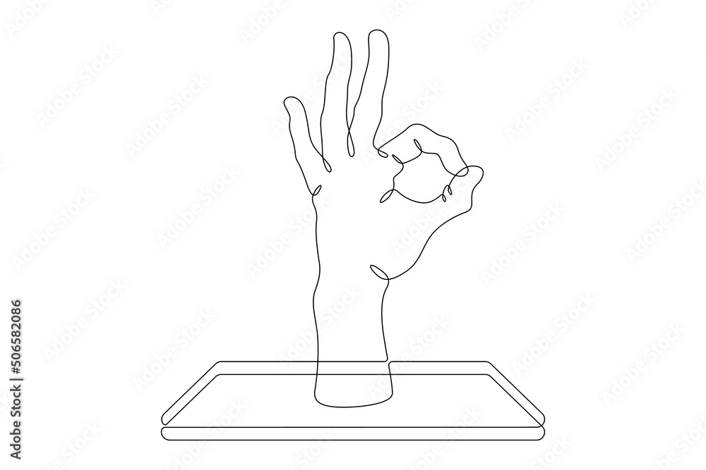 Poster gesture all good ok.one continuous line.the hand touches the smartphone screen. using the device man