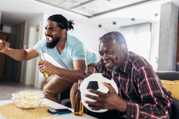 Man relax on sofa in living room with senior father scream support favorite sports team together