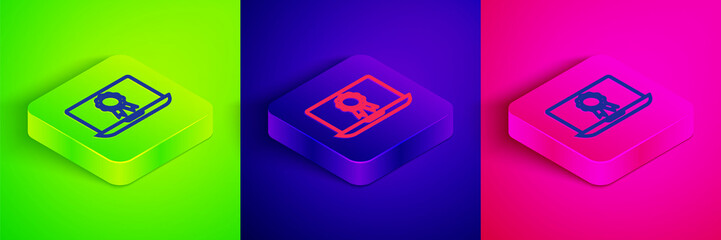 Isometric line Online education with diploma icon isolated on green, blue and pink background. Diploma online at home. Webinar and video seminar learning. Square button. Vector