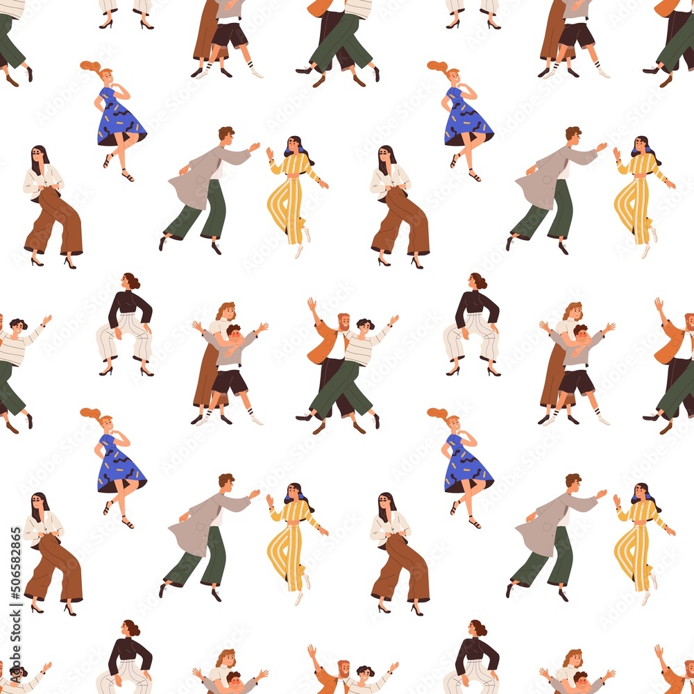 Poster happy people pattern. seamless background with active delighted characters dancing with fun, joy at 