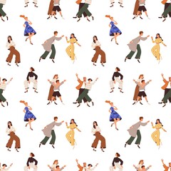 Happy people pattern. Seamless background with active delighted characters dancing with fun, joy at party. Endless repeating print with funny joyful men, women. Colored flat vector illustration