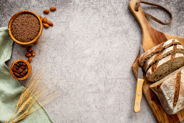 Home baked loaf with dried fruits and nuts, top view