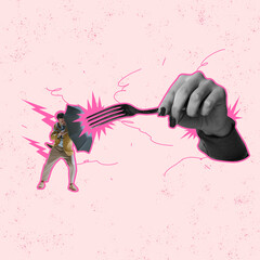 Contemporary art collage. Man fighting against fork with umbrella isolated over light pink background