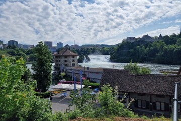 View of Rhine falls (Rheinfalls).The famous rhine falls in the swiss near the city of Schaffhausen