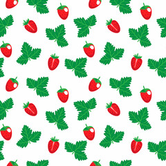 Seamless pattern of strawberries, summer vector illustration in cartoon style. Strawberries whole and half. Leaves of the plant. Bright summer pattern.