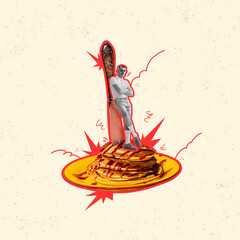 Contemporary art collage. Stylish brutal man standing on delicious pancakes with jam isolated over...