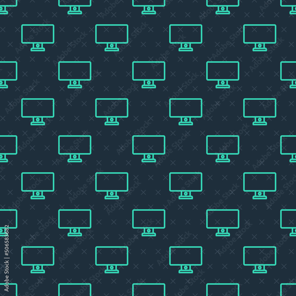 Poster green line computer monitor icon isolated seamless pattern on blue background. pc component sign. ve